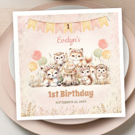 Woodland Animals Boho Pastel Girl 1st Birthday Pappersservett