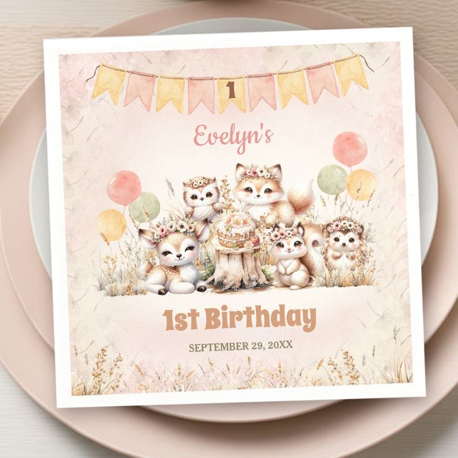 Woodland Animals Boho Pastel Girl 1st Birthday Pappersservett (Woodland Animals Boho Pastel Girl 1st Birthday Napkins)