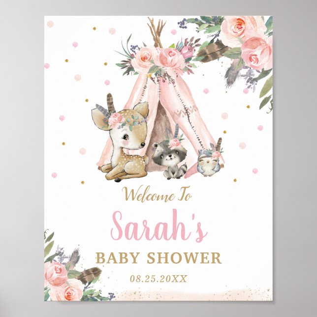Woodland Animals Boho Tribal Baby Shower Välkommen Poster (Framsidan)