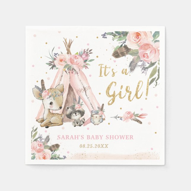 Woodland Animals Boho Tribal Girl Baby Shower Pappersservett (Framsidan)