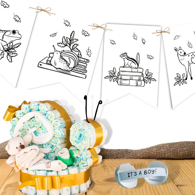 Woodland Animals Bok har träffat Färg själv Vimplar (Black and White Woodland Animals Baby Shower Bunting Flag)