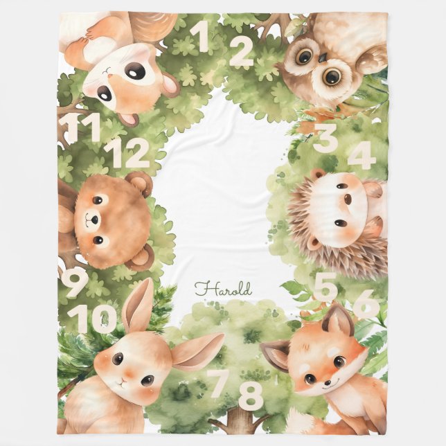Woodland Animals Boy Baby Shower Milestone Fleecefilt (Framsidan)