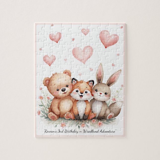 Woodland Animals Cute Bear Fox Bunny Pink Hearts Pussel (Vertikal)