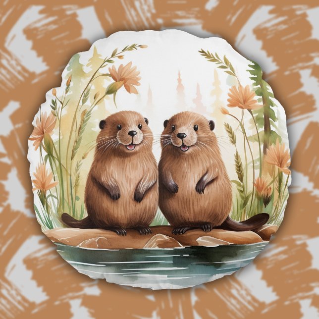 Woodland Animals Cute Beavers Baby Kids Room Rund Kudde (Woodland Animals Cute Beavers Baby Kids Room Round Pillow)