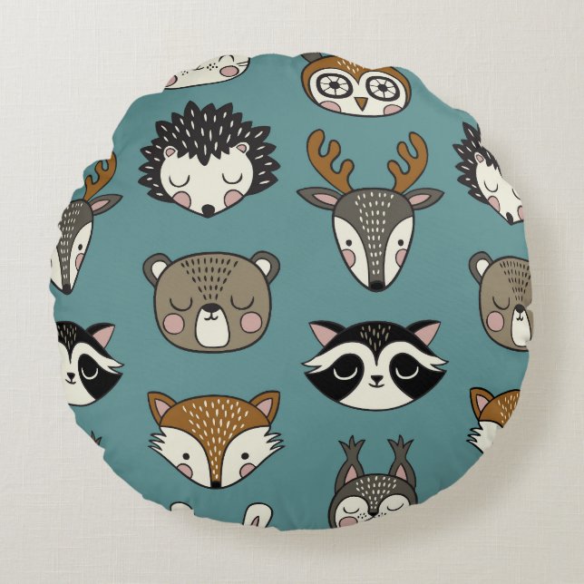 Woodland Animals Cute Vintage Mönster Rund Kudde (Framsidan)