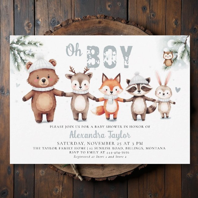 Woodland Animals Cute Winter Oh Boy Baby Shower Inbjudningar (winter baby shower invitation oh boy cute woodland animals watercolor snow cold pine watercolor)