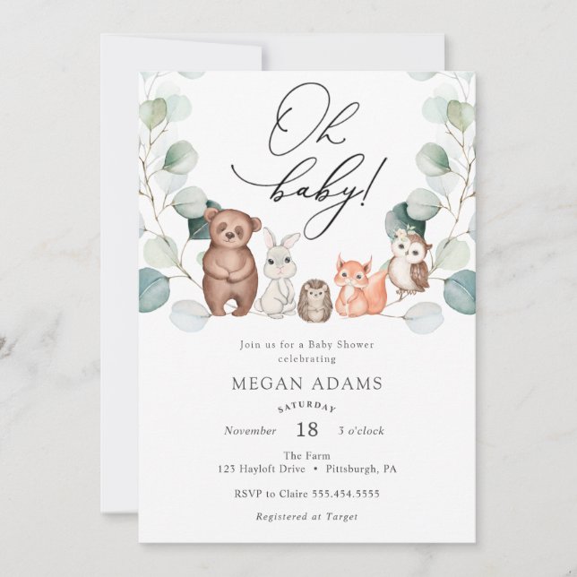 Woodland Animals Eucalyptus Baby Shower-inbjudan Inbjudningar (Framsida)