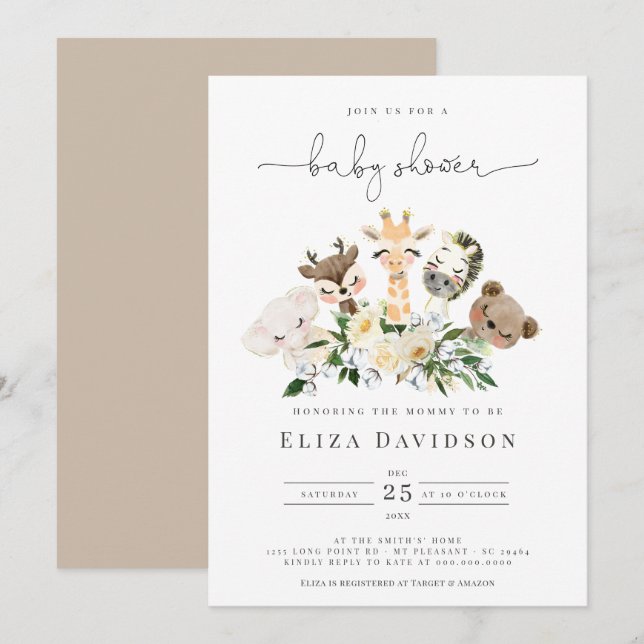  Woodland Animals Faux Guld Modern Baby Shower Inbjudningar (Fram/baksida)