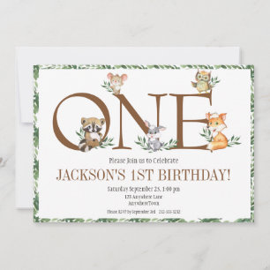 Woodland Animals First Birthday Greenery Inbjudningar