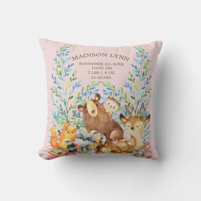 Woodland Animals Flicka Birth Stats Pillow Kudde (Framsida)