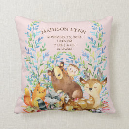 Woodland Animals Flicka Birth Stats Pillow Kudde