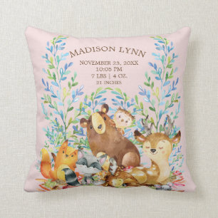 Woodland Animals Flicka Birth Stats Pillow Kudde