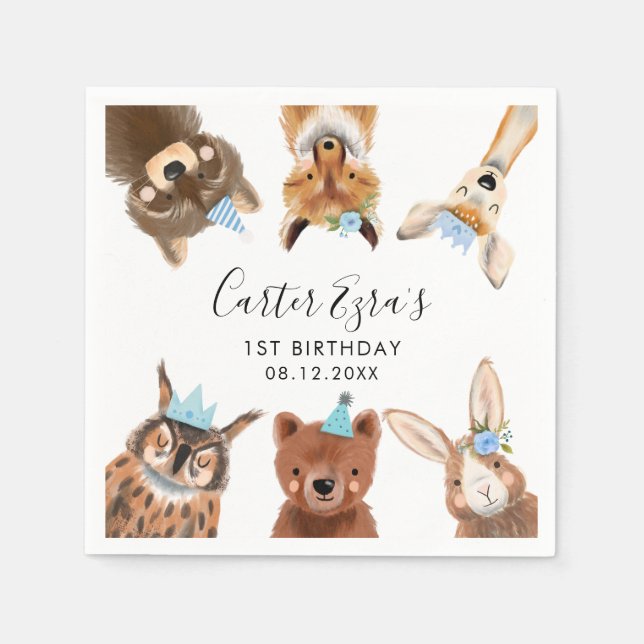 Woodland Animals Födelsedagsfest Blue Pappersservett (Framsidan)