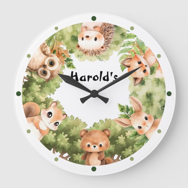 Woodland Animals Forest Pojke Nursery Stor Klocka (Framsida)
