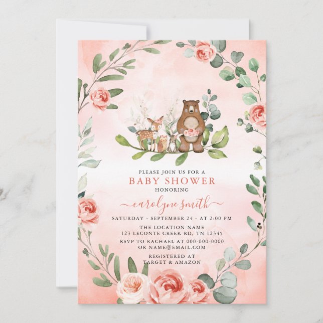 Woodland Animals Girl Baby Shower Inbjudningar (Framsida)