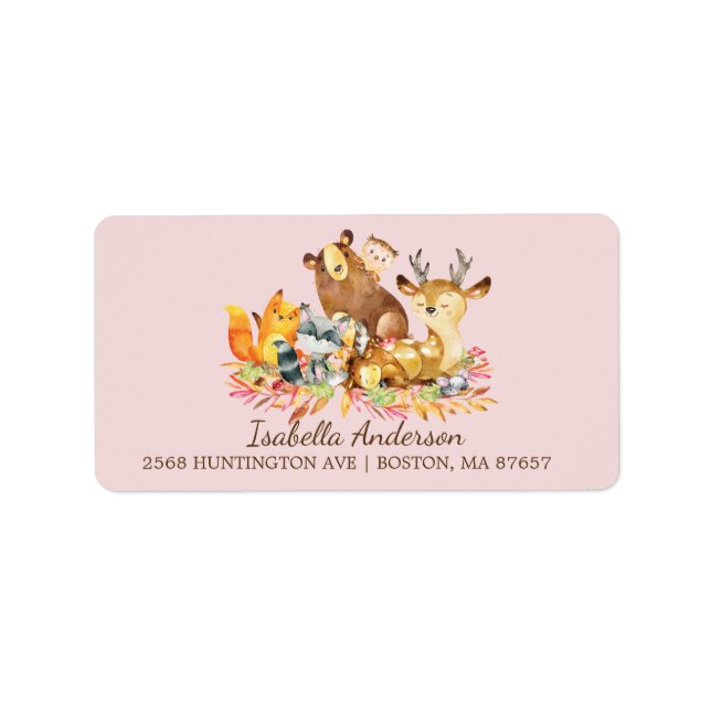 Woodland Animals Girls Baby Shower Address Label Adressetikett (Framsidan)