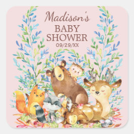 Woodland Animals Girls Baby Shower Favor Sticker Fyrkantigt Klistermärke