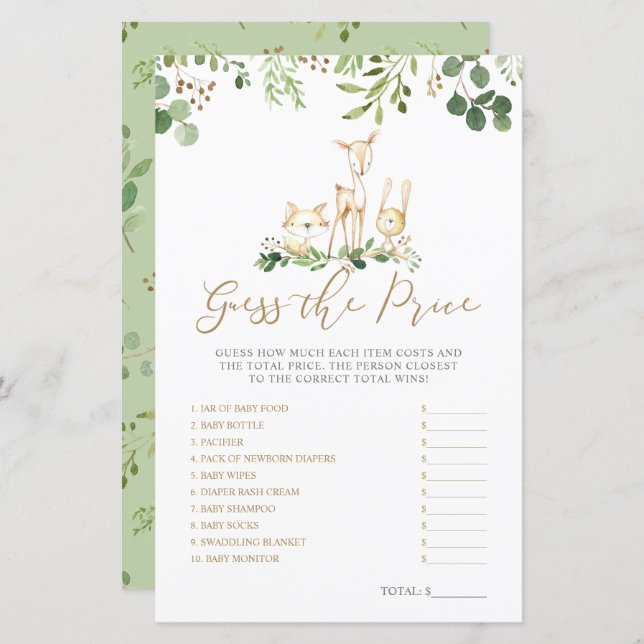 Woodland Animals gissar Prist babystöld (Fram/baksida)