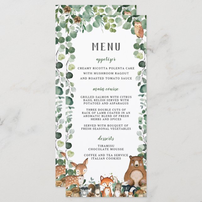 Woodland Animals Greenery Baby Shower Party Menu Program (Fram/baksida)
