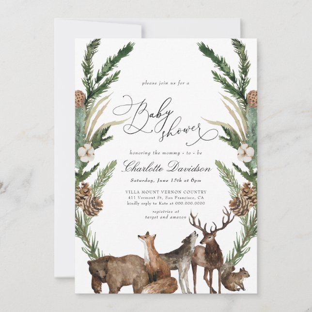 Woodland Animals Greenery Boy Baby Shower Inbjudningar (Framsida)