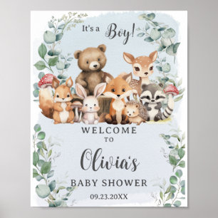 Woodland Animals Greenery Boy Baby Shower Välkomme Poster
