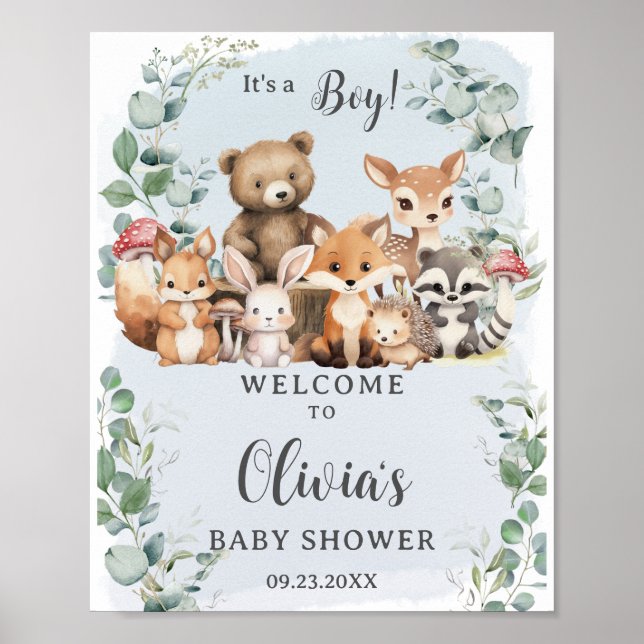 Woodland Animals Greenery Boy Baby Shower Välkomme Poster (Framsidan)