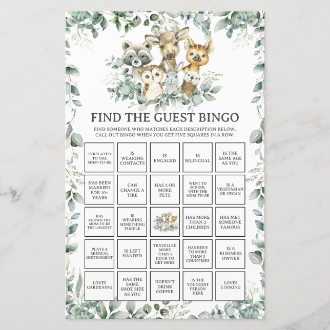 Woodland Animals Greenery Find the Guest Bingo (Framsida)