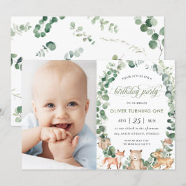 Woodland Animals Greenery Födelsedagsfest Photo Inbjudningar