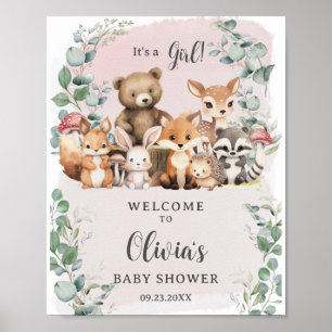 Woodland Animals Greenery Girl Baby Shower Välkomm Poster