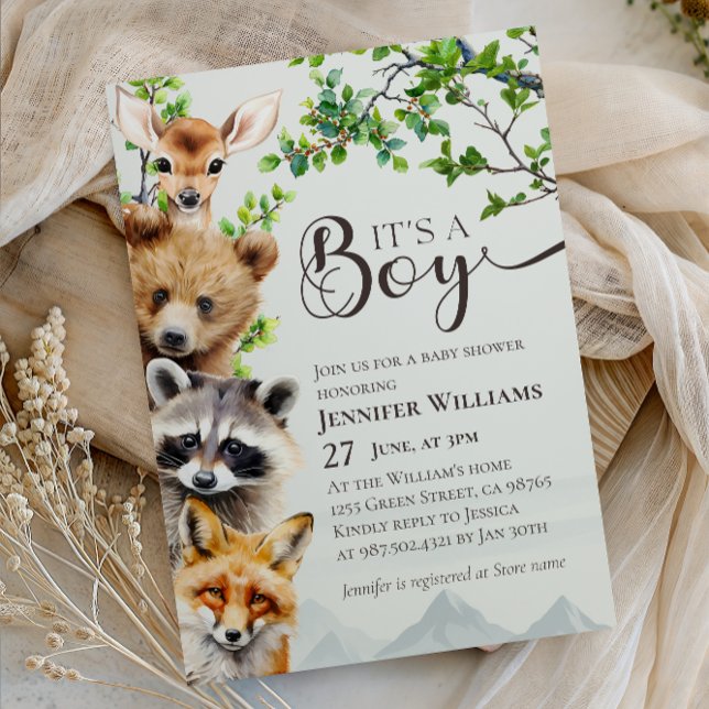 Woodland Animals Greenery It’s a Boy Baby Shower Inbjudningar (Skapare uppladdad)