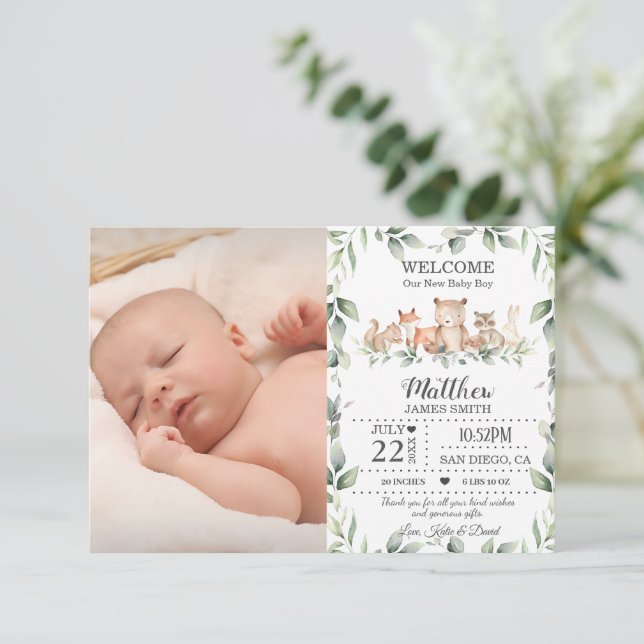 Woodland Animals Greenery Nyfödd bebis Boy Photo B Meddelande (Stående Fram)