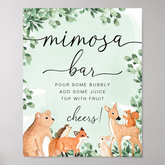 Woodland Animals Grönt Baby Shower Mimosa Pub Sign Poster (Framsidan)