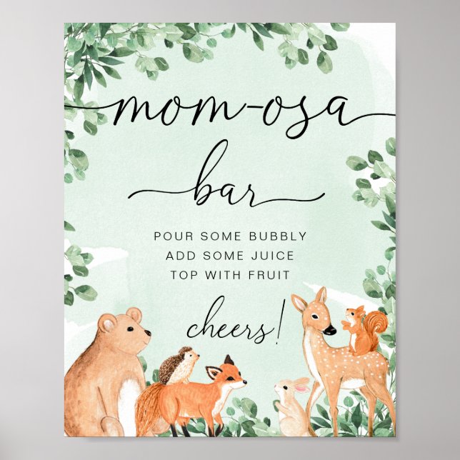 Woodland Animals Grönt Baby Shower Momosa Pub Sign Poster (Framsidan)