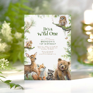 Woodland Animals Han är Vild 1:a födelsedag Inbjudningar