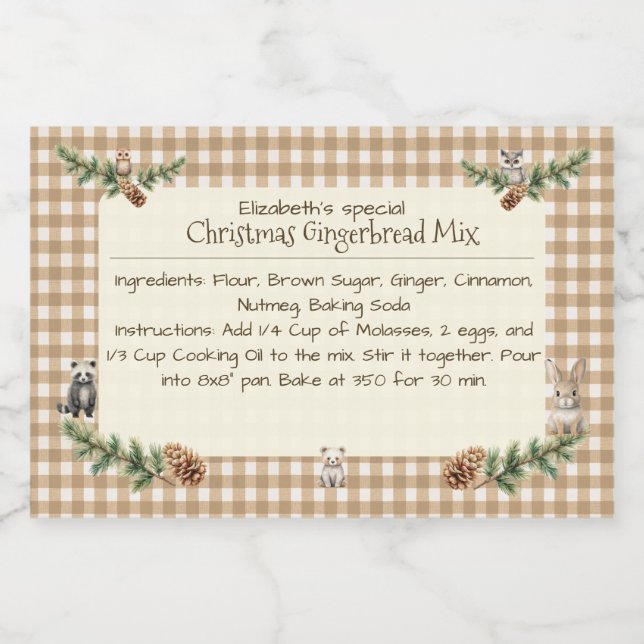 Woodland Animals jul Baking Mix Gingham Mat Etiketter (Singel etikett)