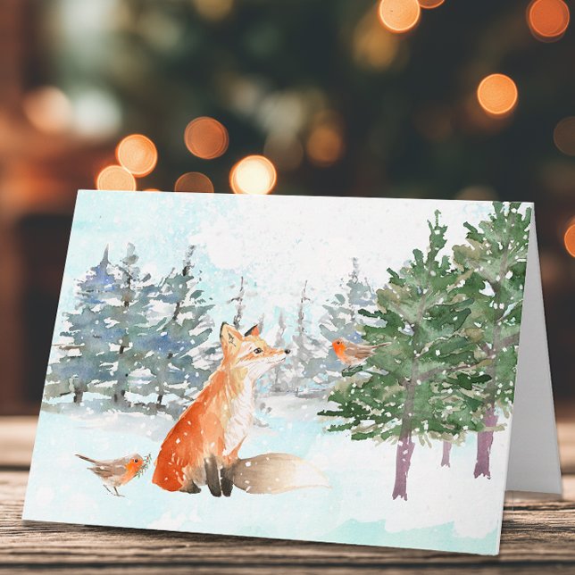 Woodland Animals - Jul Vattenfärg Kort (Woodland Fox Christmas Card)