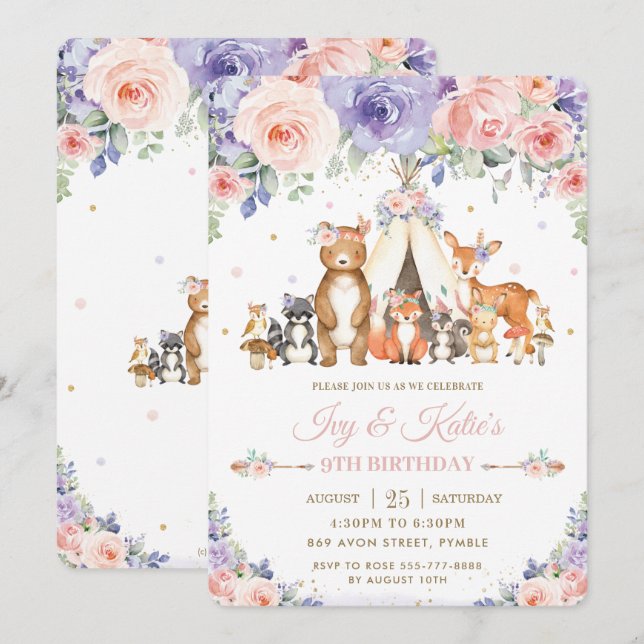 Woodland Animals  Lilac Blommigt Birthday Inbjudningar (Fram/baksida)