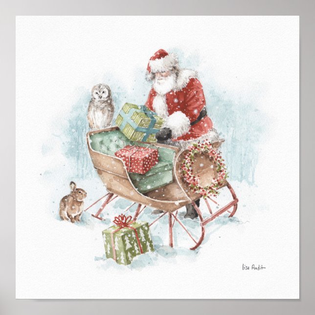 Woodland Animals med Jultomten och Sleigh Poster (Framsidan)