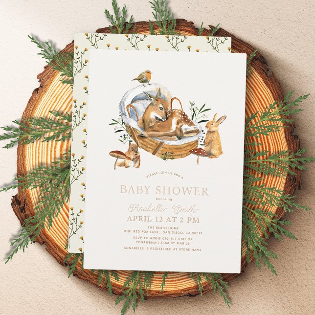 Woodland Animals Moses Basket Mushroom Baby Shower Inbjudningar (Skapare uppladdad)