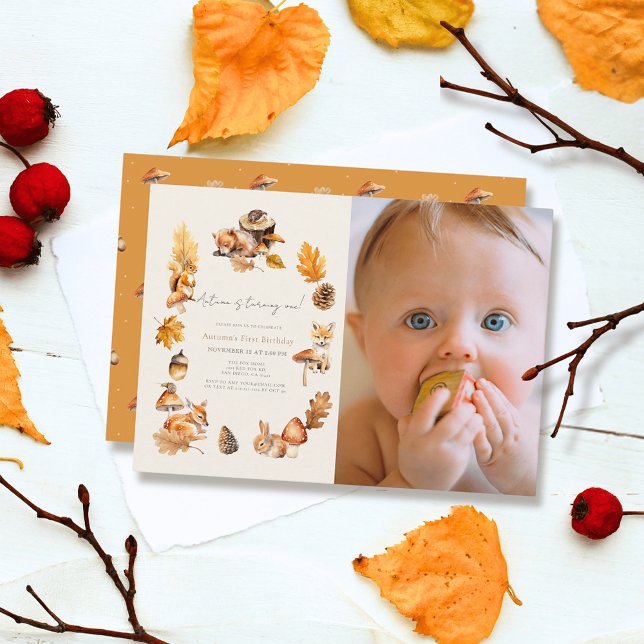 Woodland Animals Mushroom Fall Photo 1st Birthday Inbjudningar (Skapare uppladdad)