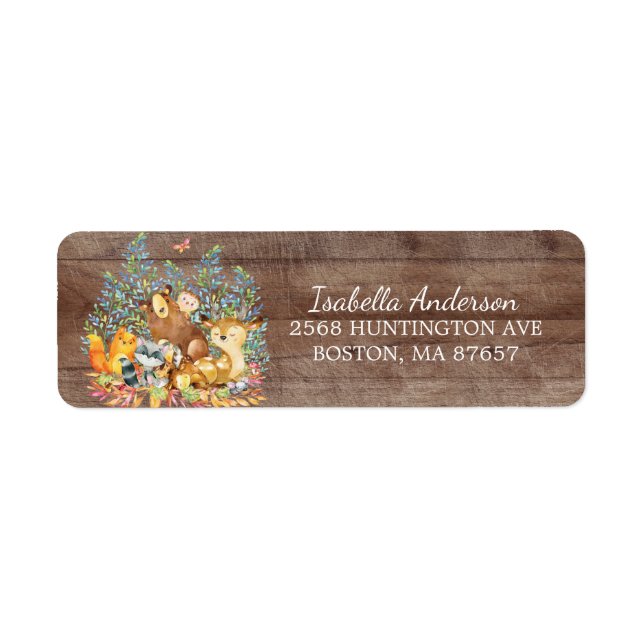 Woodland Animals Neutralt Baby Shower Address Labe Returadress Etikett (Framsidan)