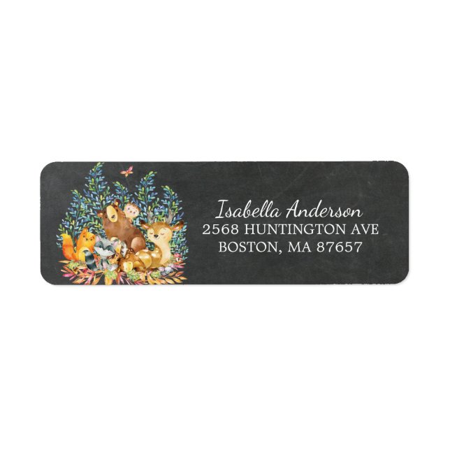 Woodland Animals Neutralt Baby Shower Address Labe Returadress Etikett (Framsidan)