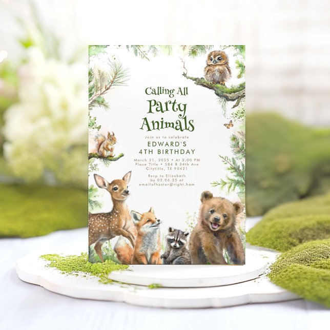 Woodland Animals och Greenery Cute Barns födelseda Inbjudningar (Calling All Party Animals - Cute and Fun Woodland Animals Themed Birthday Invitations)
