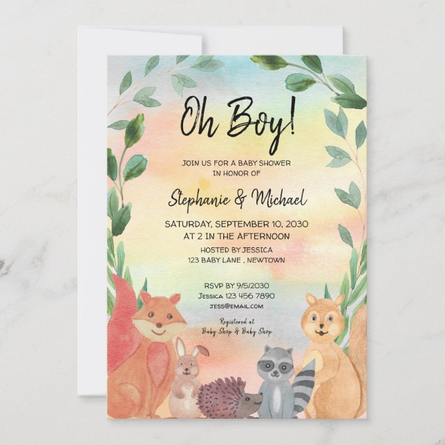 Woodland Animals Oh Boy Par Baby Shower Inbjudningar (Framsida)
