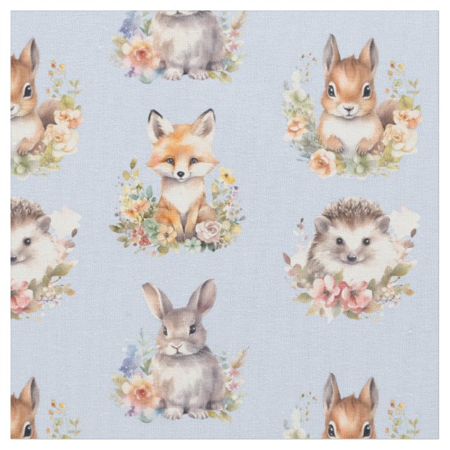 Woodland Animals on Light Blue Tyg (Närbild)