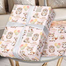 Woodland Animals Pastel Girl 1st Birthday Namn Presentpapper