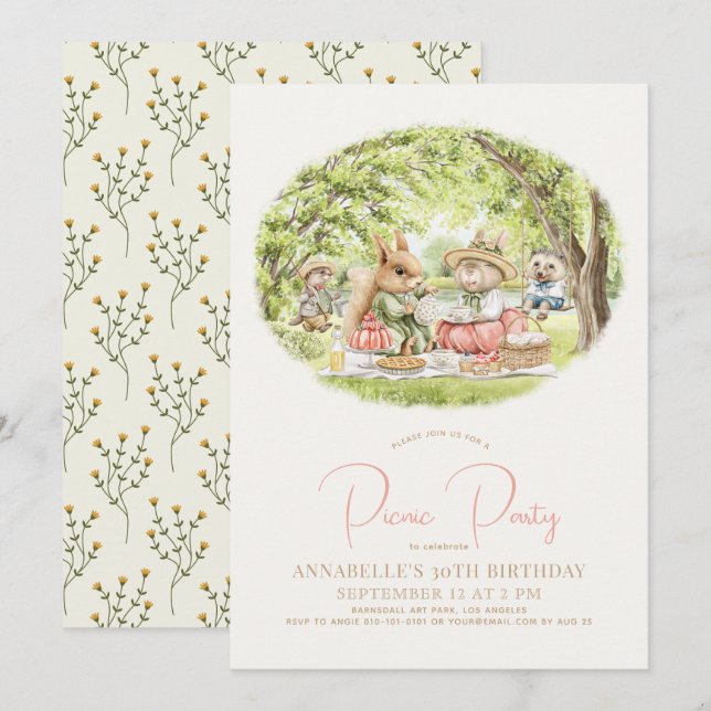 Woodland Animals Picnic Birthday Inbjudningar (Fram/baksida)