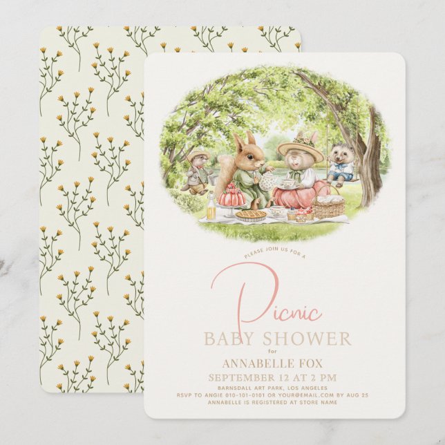Woodland Animals Picnic Girl Baby Shower Inbjudningar (Fram/baksida)
