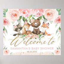 Woodland Animals Pink Floral Baby Shower Welcome 
