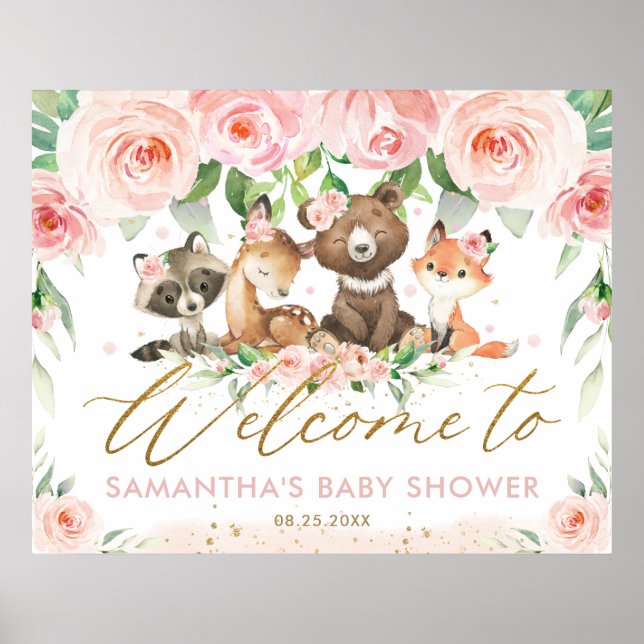 Woodland Animals Pink Floral Baby Shower Welcome  Poster (Framsidan)